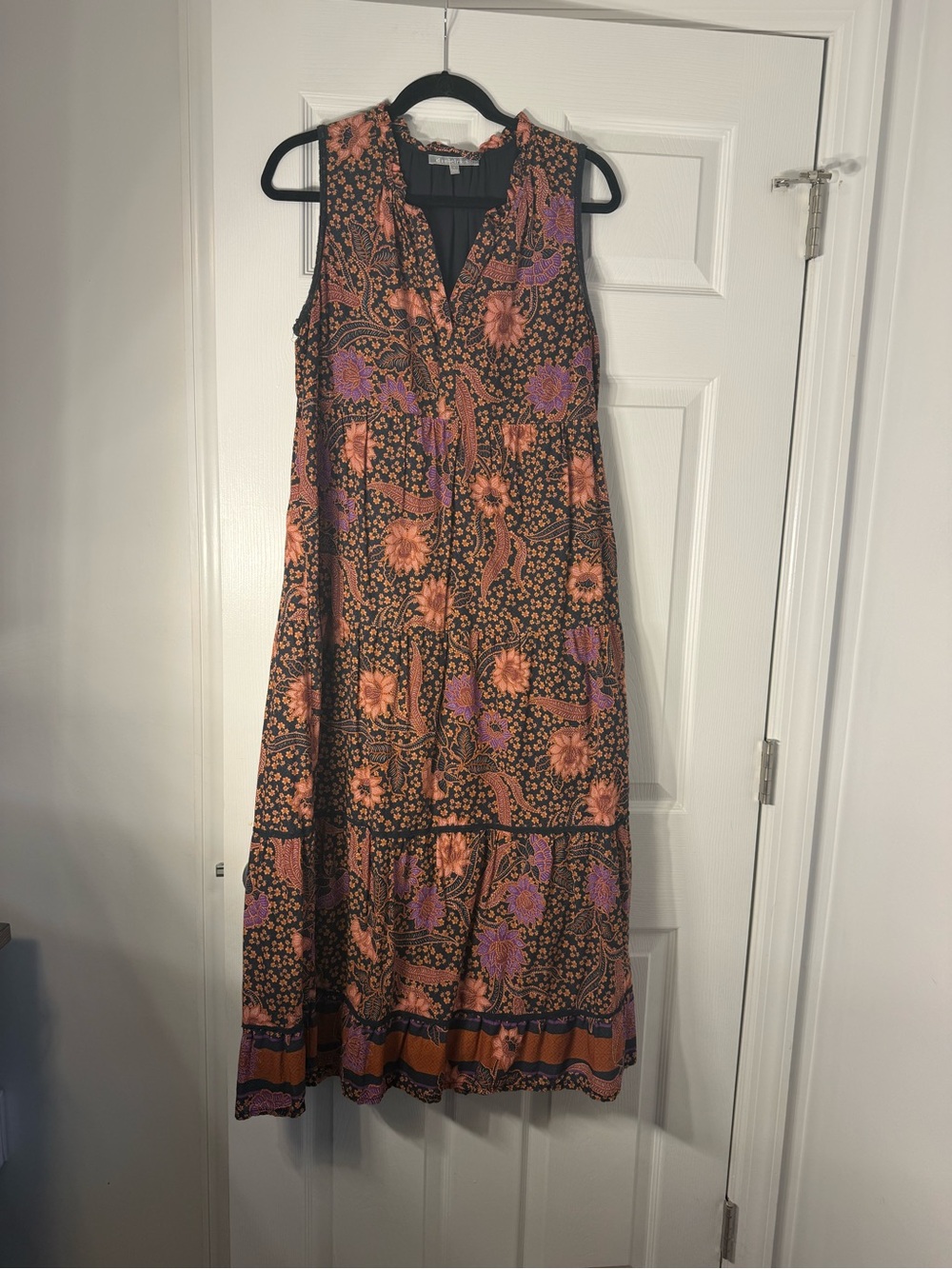 Sleeveless Floral Paisley Midi Dress in Black with Coral & Purple